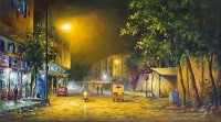 Hanif Shahzad, Street at Night I- Karachi, 14 x 26 Inch, Oil on Canvas, Cityscape Painting, AC-HNS-059